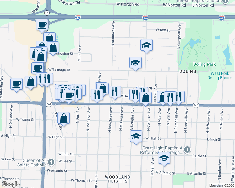 map of restaurants, bars, coffee shops, grocery stores, and more near 921 West Della Street in Springfield