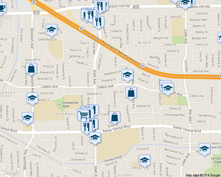 map of restaurants, bars, coffee shops, grocery stores, and more near 460 Calero Avenue in San Jose