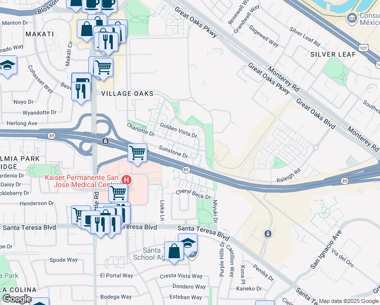 map of restaurants, bars, coffee shops, grocery stores, and more near 819 Maddox Loop in San Jose