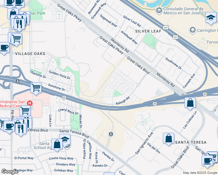 map of restaurants, bars, coffee shops, grocery stores, and more near 5731 Synergy Court in San Jose