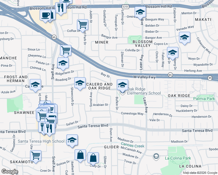 map of restaurants, bars, coffee shops, grocery stores, and more near 357 Calero Avenue in San Jose