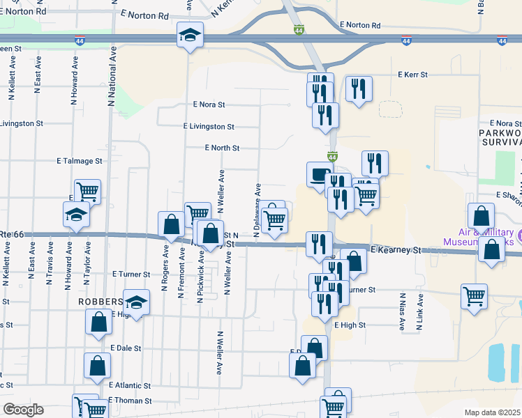 map of restaurants, bars, coffee shops, grocery stores, and more near 2500 North Delaware Avenue in Springfield