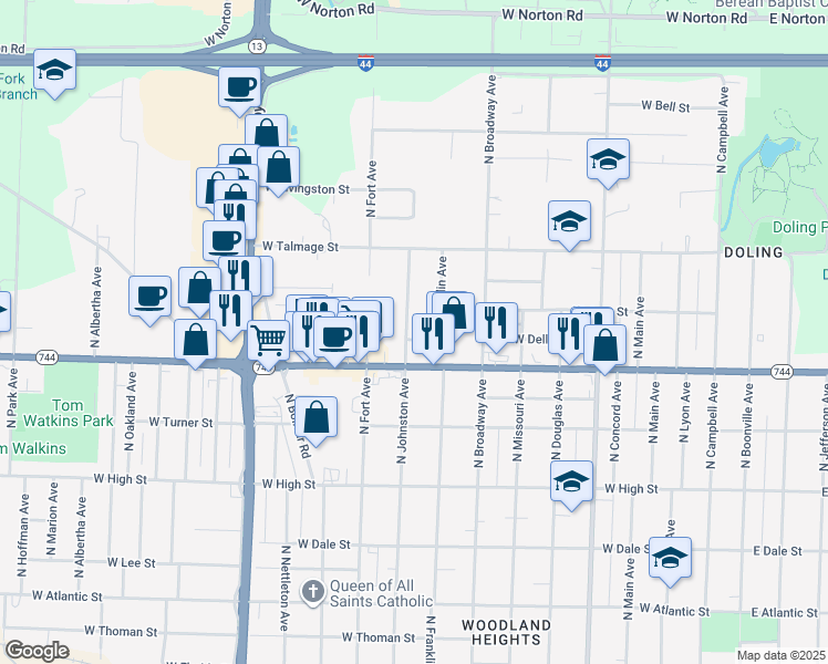 map of restaurants, bars, coffee shops, grocery stores, and more near 2436 North Johnston Avenue in Springfield