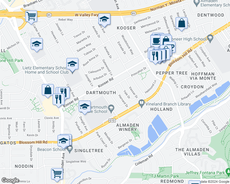 map of restaurants, bars, coffee shops, grocery stores, and more near 5513 Harvard Drive in San Jose