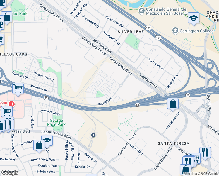 map of restaurants, bars, coffee shops, grocery stores, and more near 5886 Impact Lane in San Jose