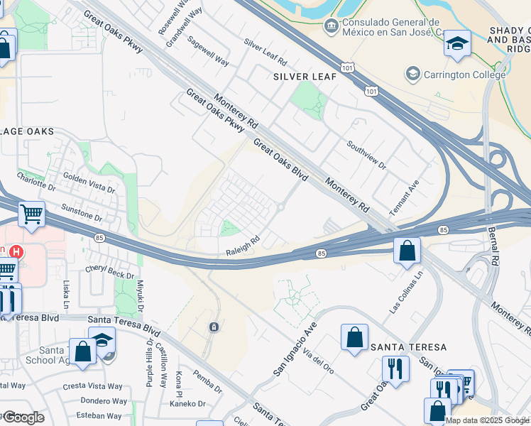 map of restaurants, bars, coffee shops, grocery stores, and more near 6677 Optimum Loop in San Jose