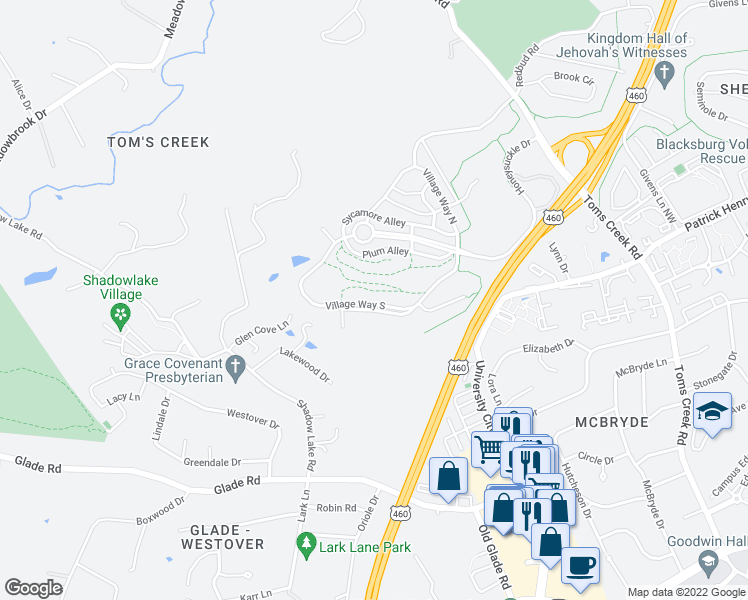 map of restaurants, bars, coffee shops, grocery stores, and more near 1214 Village Way South in Blacksburg