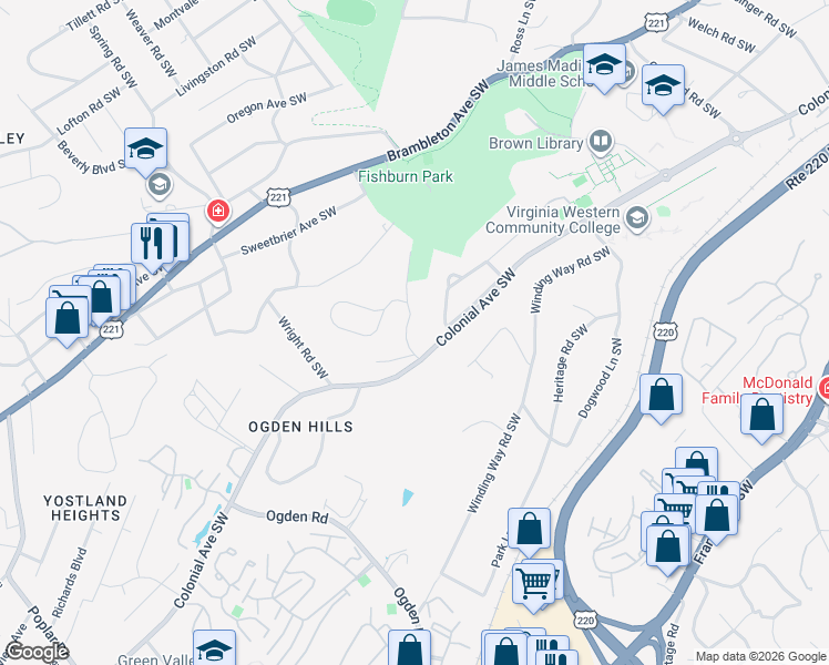 map of restaurants, bars, coffee shops, grocery stores, and more near 3582 Hartland Road Southwest in Roanoke