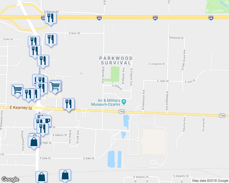 map of restaurants, bars, coffee shops, grocery stores, and more near 2247 East Parkwood Street in Springfield