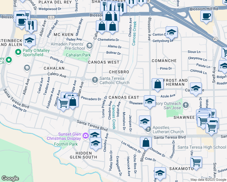map of restaurants, bars, coffee shops, grocery stores, and more near 5933 Chesbro Avenue in San Jose