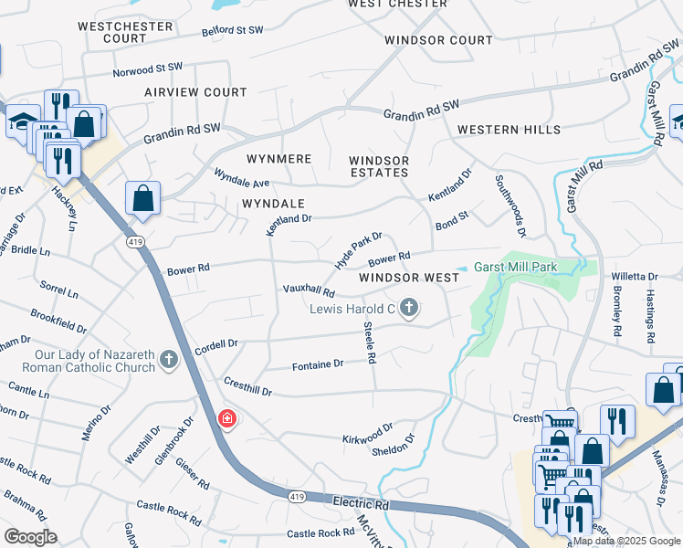 map of restaurants, bars, coffee shops, grocery stores, and more near 3864 Bower Road in Cave Spring
