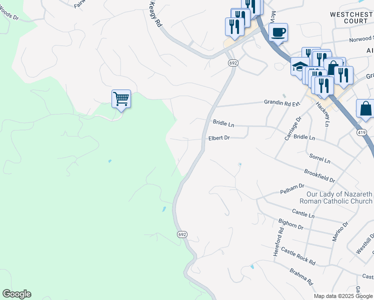 map of restaurants, bars, coffee shops, grocery stores, and more near 5320 Carolyn Circle in Roanoke