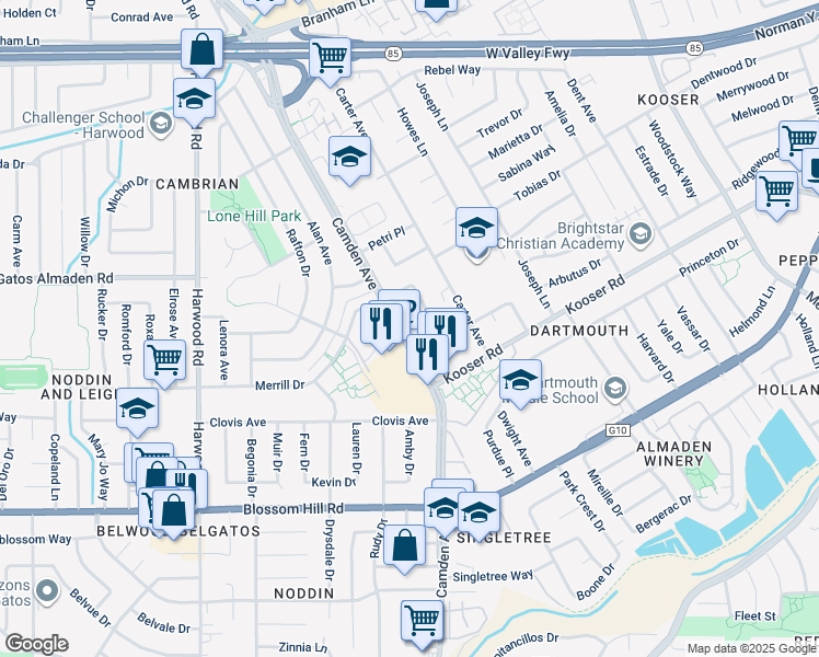 map of restaurants, bars, coffee shops, grocery stores, and more near 1654 Merrill Loop in San Jose
