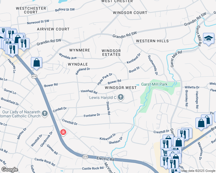 map of restaurants, bars, coffee shops, grocery stores, and more near 3838 Bower Road in Cave Spring