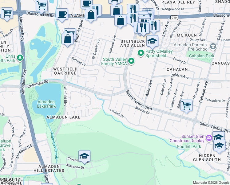 map of restaurants, bars, coffee shops, grocery stores, and more near 5948 Garlough Drive in San Jose