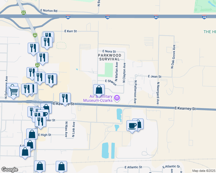 map of restaurants, bars, coffee shops, grocery stores, and more near 2247 East Parkwood Street in Springfield