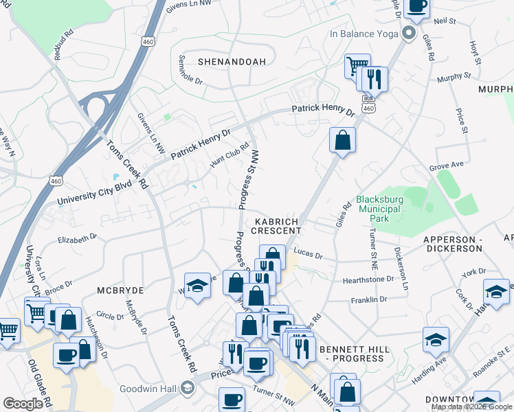 map of restaurants, bars, coffee shops, grocery stores, and more near 116 Broce Drive in Blacksburg