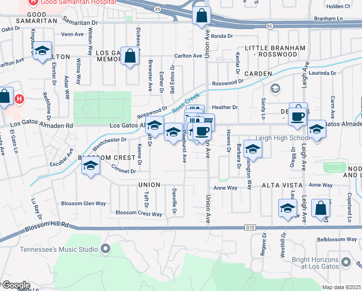 map of restaurants, bars, coffee shops, grocery stores, and more near 427 Pinehurst Avenue in Los Gatos