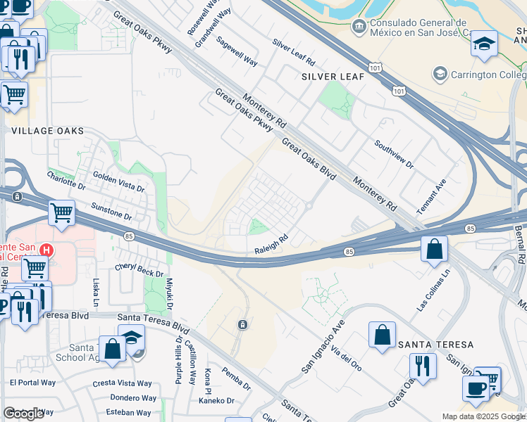 map of restaurants, bars, coffee shops, grocery stores, and more near 5840 Virtual Lane in San Jose