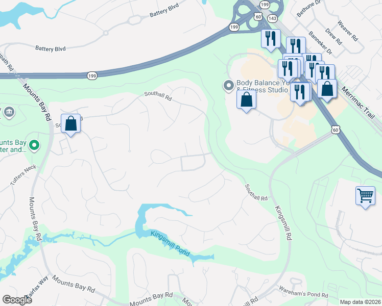 map of restaurants, bars, coffee shops, grocery stores, and more near 6 Hampton Key in Williamsburg