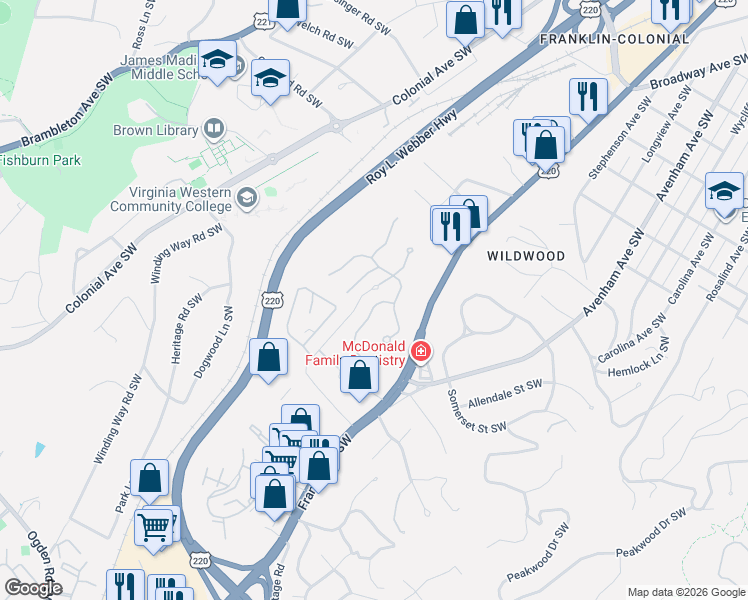 map of restaurants, bars, coffee shops, grocery stores, and more near 3338 Belshire Court Southwest in Roanoke