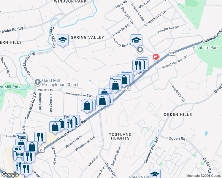 map of restaurants, bars, coffee shops, grocery stores, and more near 3105 Red Rock Road Southwest in Roanoke