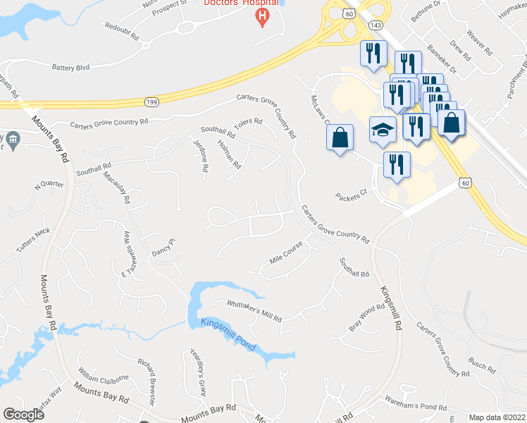 map of restaurants, bars, coffee shops, grocery stores, and more near 6 Hampton Key Road in Williamsburg