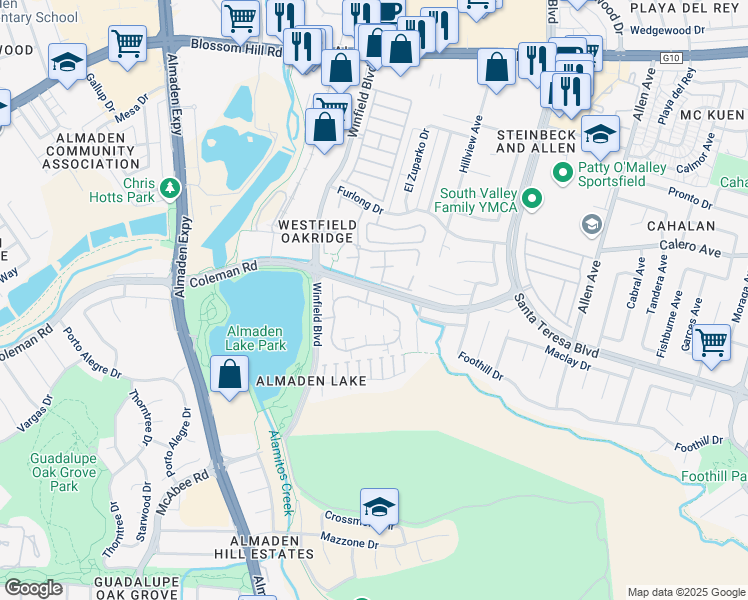 map of restaurants, bars, coffee shops, grocery stores, and more near 2512 La Terrace Circle in San Jose