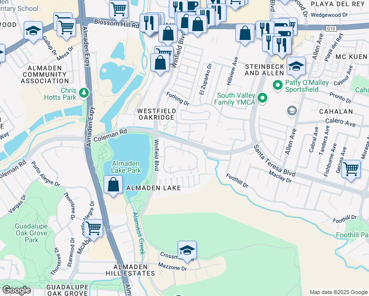 map of restaurants, bars, coffee shops, grocery stores, and more near 2512 La Terrace Circle in San Jose