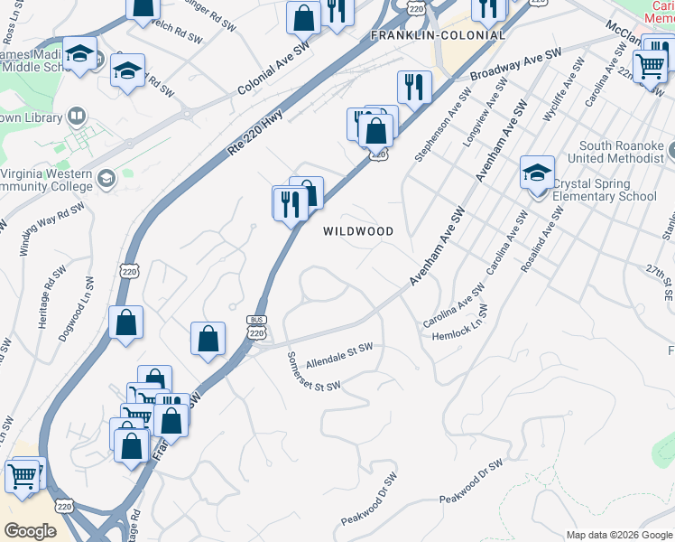 map of restaurants, bars, coffee shops, grocery stores, and more near 715 White Oak Road Southwest in Roanoke