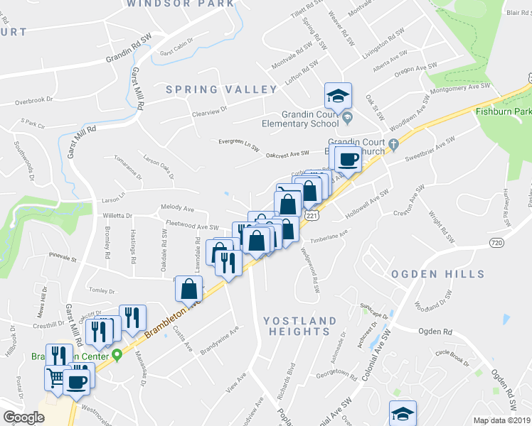 map of restaurants, bars, coffee shops, grocery stores, and more near 3120 Davis Avenue in Roanoke