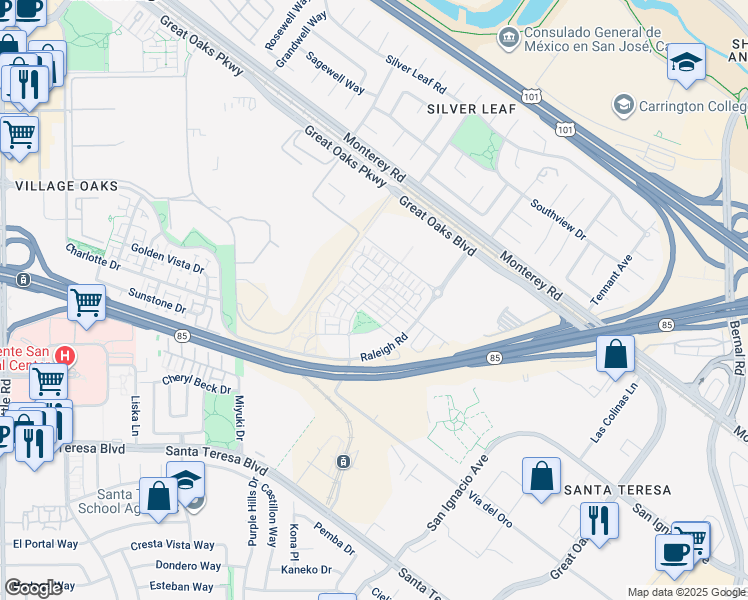 map of restaurants, bars, coffee shops, grocery stores, and more near 5840 Virtual Lane in San Jose