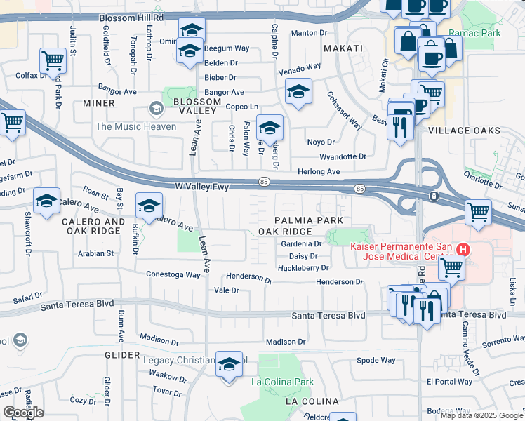 map of restaurants, bars, coffee shops, grocery stores, and more near 5858 La Estrada Drive in San Jose