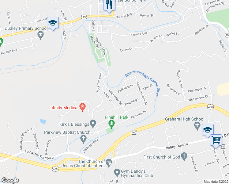 map of restaurants, bars, coffee shops, grocery stores, and more near 316 Edgewood Road in Bluefield