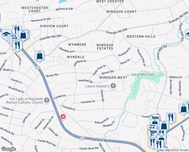 map of restaurants, bars, coffee shops, grocery stores, and more near 3864 Bower Road in Cave Spring