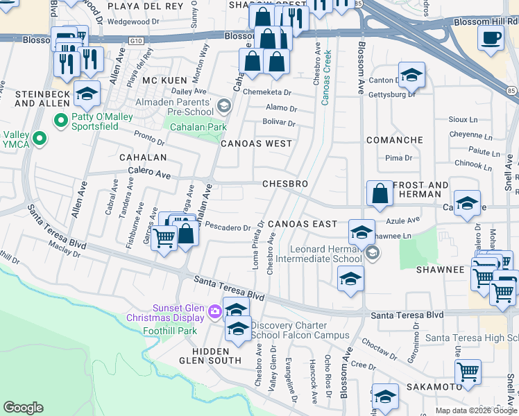 map of restaurants, bars, coffee shops, grocery stores, and more near 785 Solito Court in San Jose