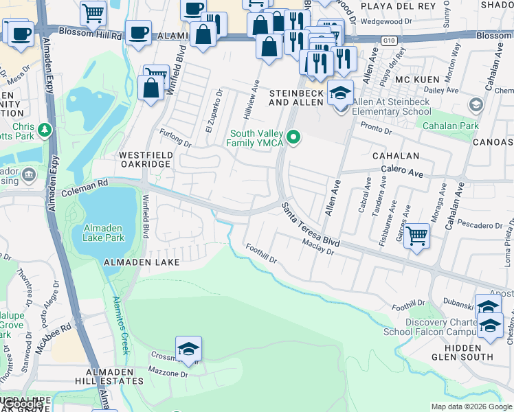 map of restaurants, bars, coffee shops, grocery stores, and more near 5908 Garlough Drive in San Jose