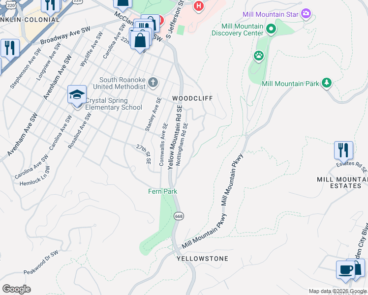 map of restaurants, bars, coffee shops, grocery stores, and more near 300-2388 Robin Hood Road Southeast in Roanoke