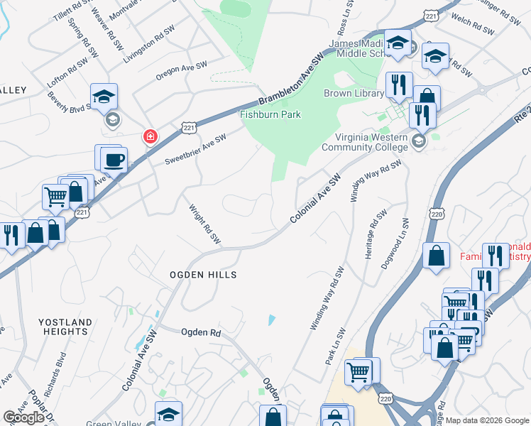 map of restaurants, bars, coffee shops, grocery stores, and more near 3582 Hartland Road Southwest in Roanoke
