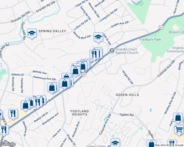 map of restaurants, bars, coffee shops, grocery stores, and more near 3611 Buckner Road Southwest in Roanoke