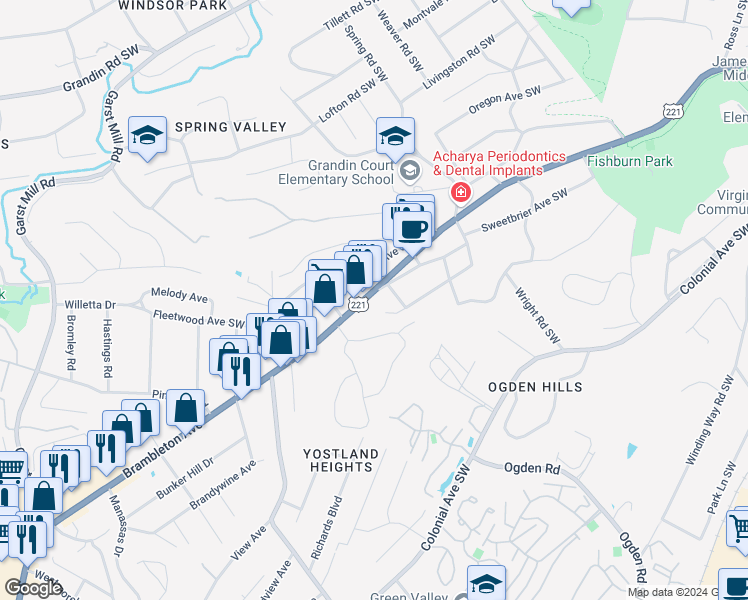 map of restaurants, bars, coffee shops, grocery stores, and more near 3033 Brambleton Avenue in Roanoke