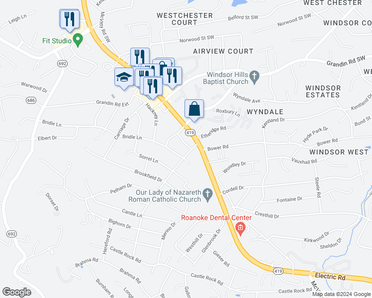 map of restaurants, bars, coffee shops, grocery stores, and more near 2231 Tannehill Drive in Cave Spring