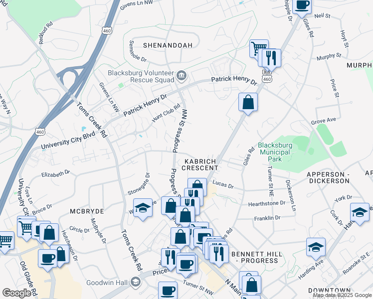 map of restaurants, bars, coffee shops, grocery stores, and more near 116 Broce Drive in Blacksburg