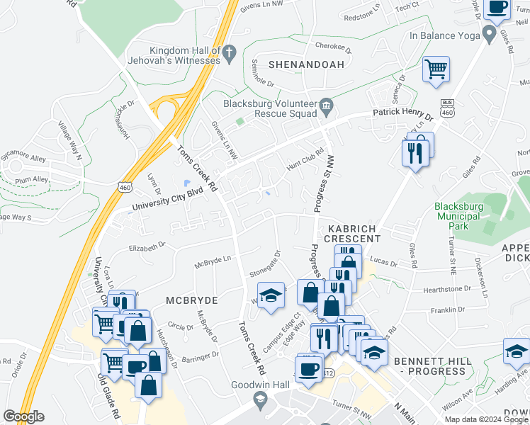 map of restaurants, bars, coffee shops, grocery stores, and more near 500 Broce Drive in Blacksburg