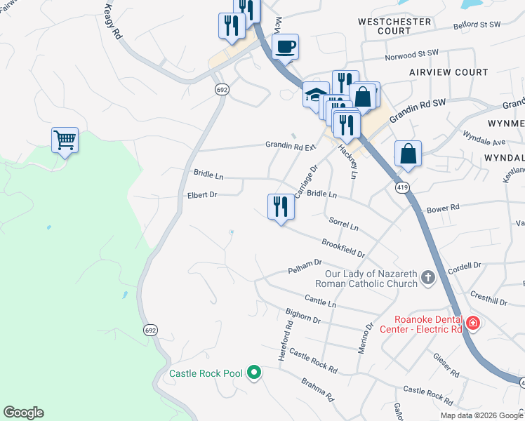 map of restaurants, bars, coffee shops, grocery stores, and more near 1918 Brookfield Drive in Cave Spring