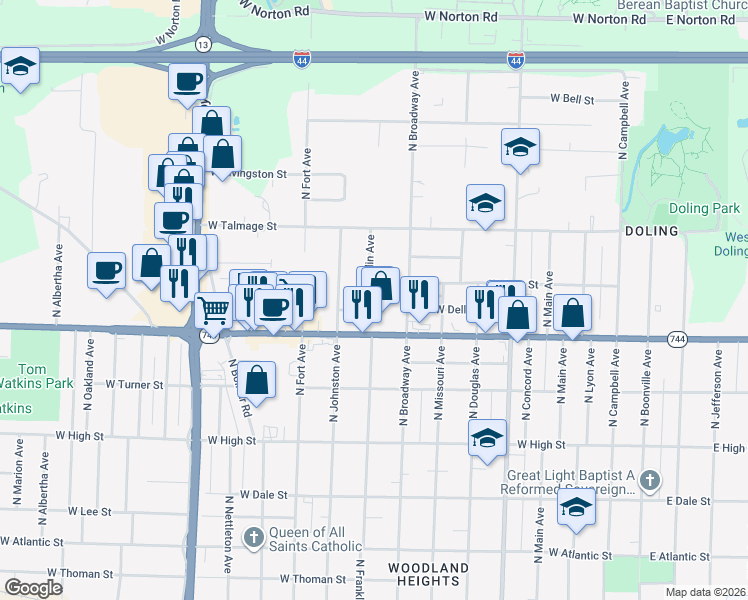 map of restaurants, bars, coffee shops, grocery stores, and more near 2438 North Franklin Avenue in Springfield