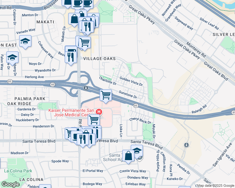 map of restaurants, bars, coffee shops, grocery stores, and more near 5951 Sunstone Drive in San Jose