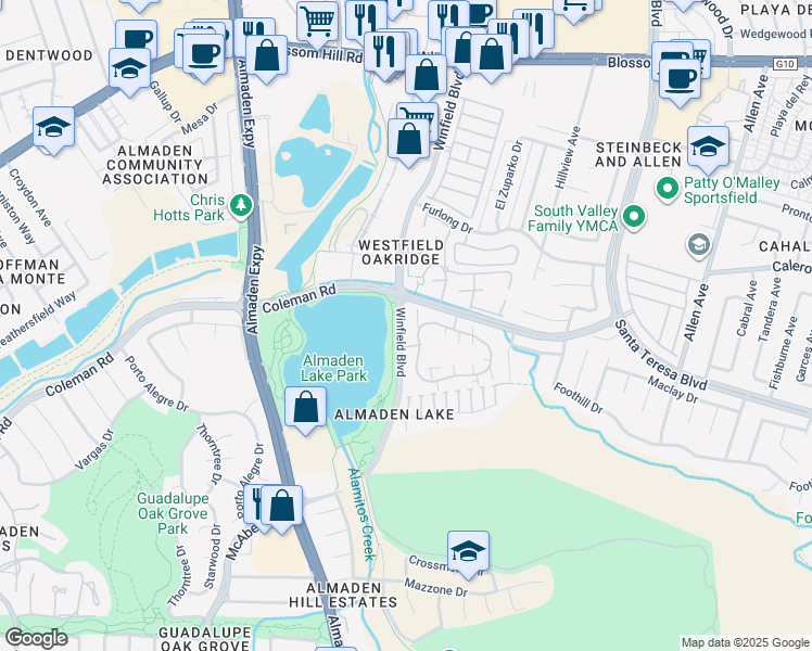map of restaurants, bars, coffee shops, grocery stores, and more near 18 Winfield Boulevard in San Jose