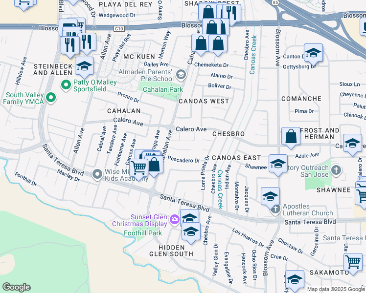 map of restaurants, bars, coffee shops, grocery stores, and more near 803 Coffey Court in San Jose