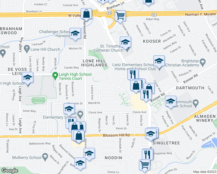 map of restaurants, bars, coffee shops, grocery stores, and more near 5271 Rafton Drive in San Jose